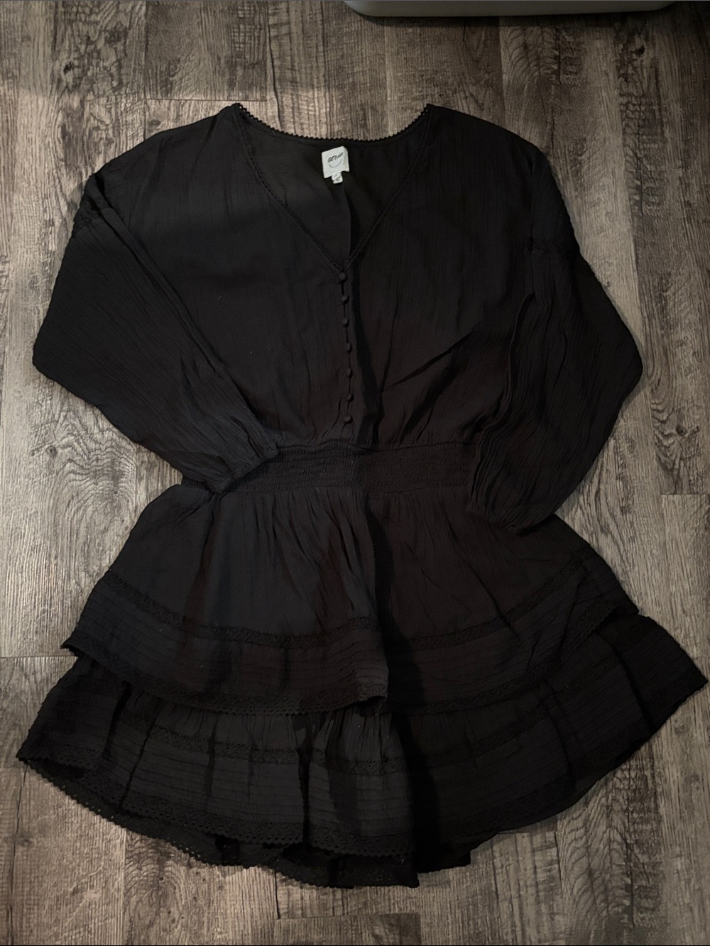 Aerie Eyelet Long-Sleeve Tiered Dress - Black - Size Large